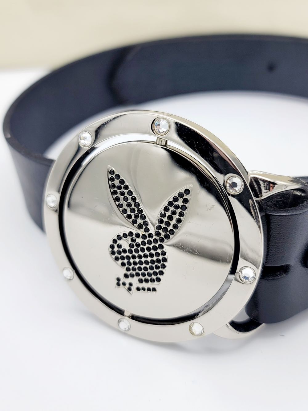 PLAYBOY Y2K Rhinstones Reversible Leather Belt Bling Buckle Vintage 2005